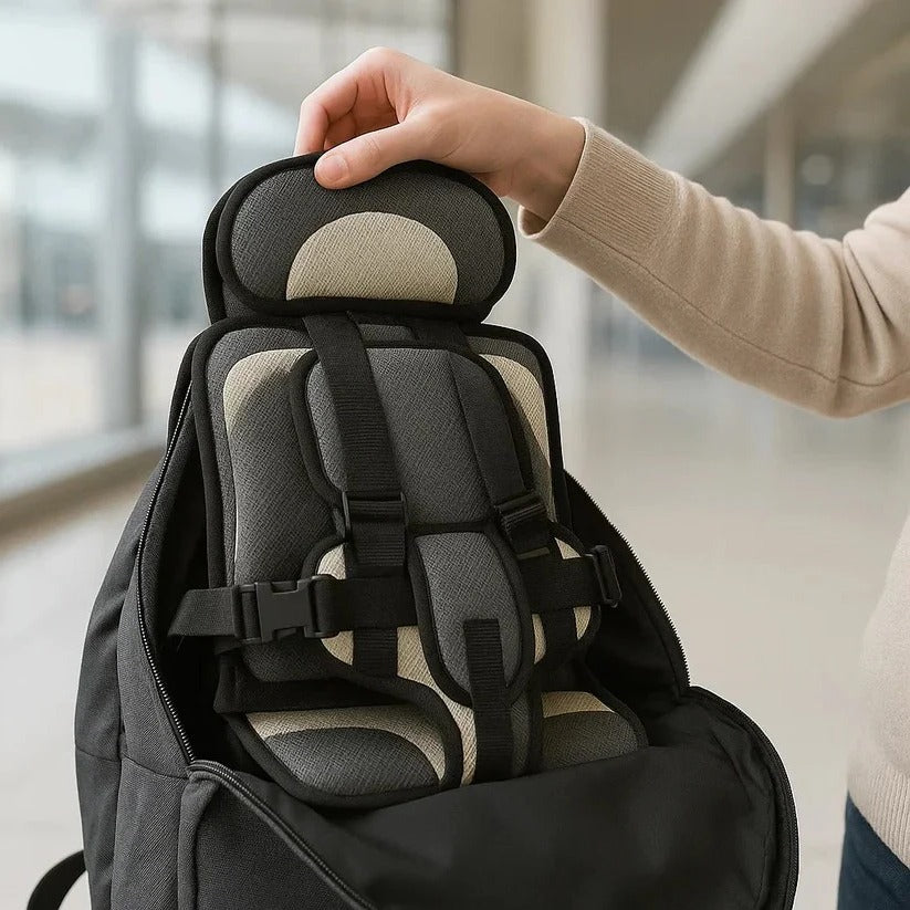 Blue foldable kids travel seat with harness, detail.