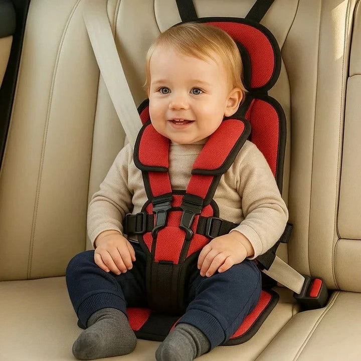 Blue foldable kids travel seat with harness, another view.