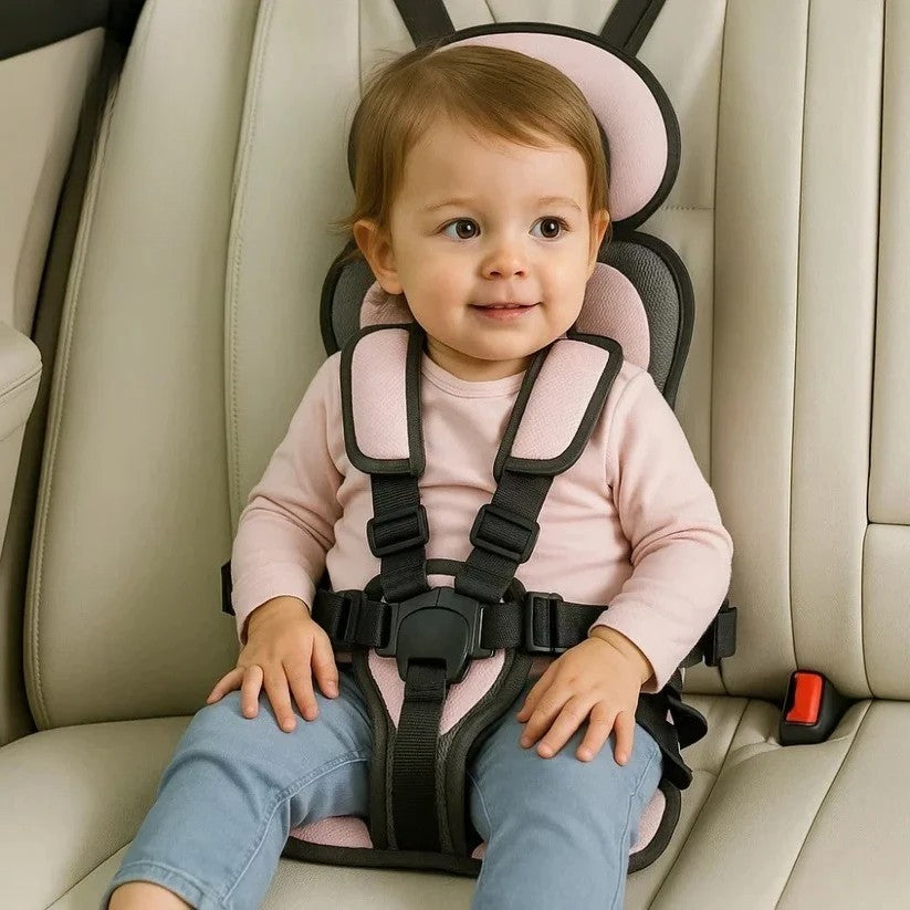 Blue foldable kids travel seat with harness, another view.