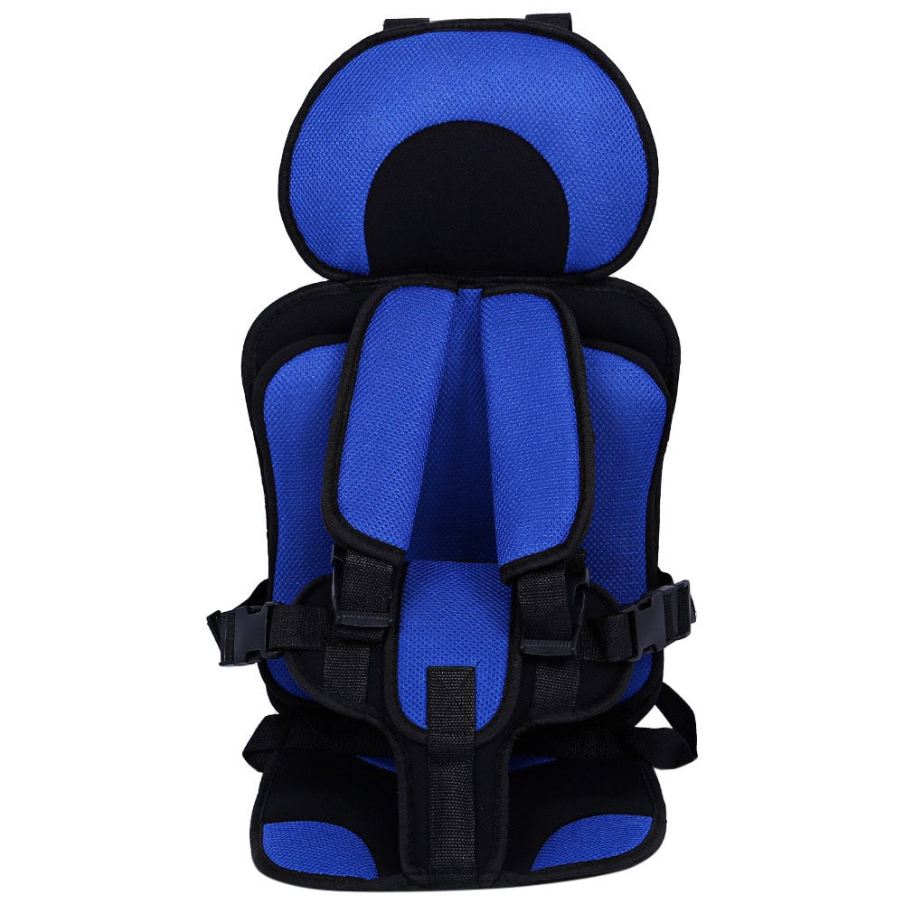 Front view of the royal blue and black mesh cushion with shoulder pads, buckled harness and a padded crotch piece.