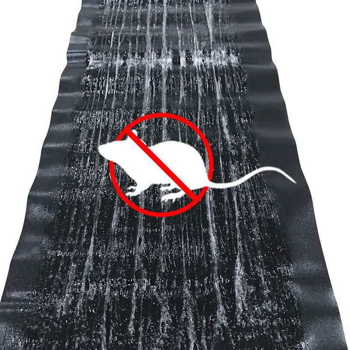 Black Adhesive Pest Trap sticky board with glue strands and a mouse under a red prohibition circle.
