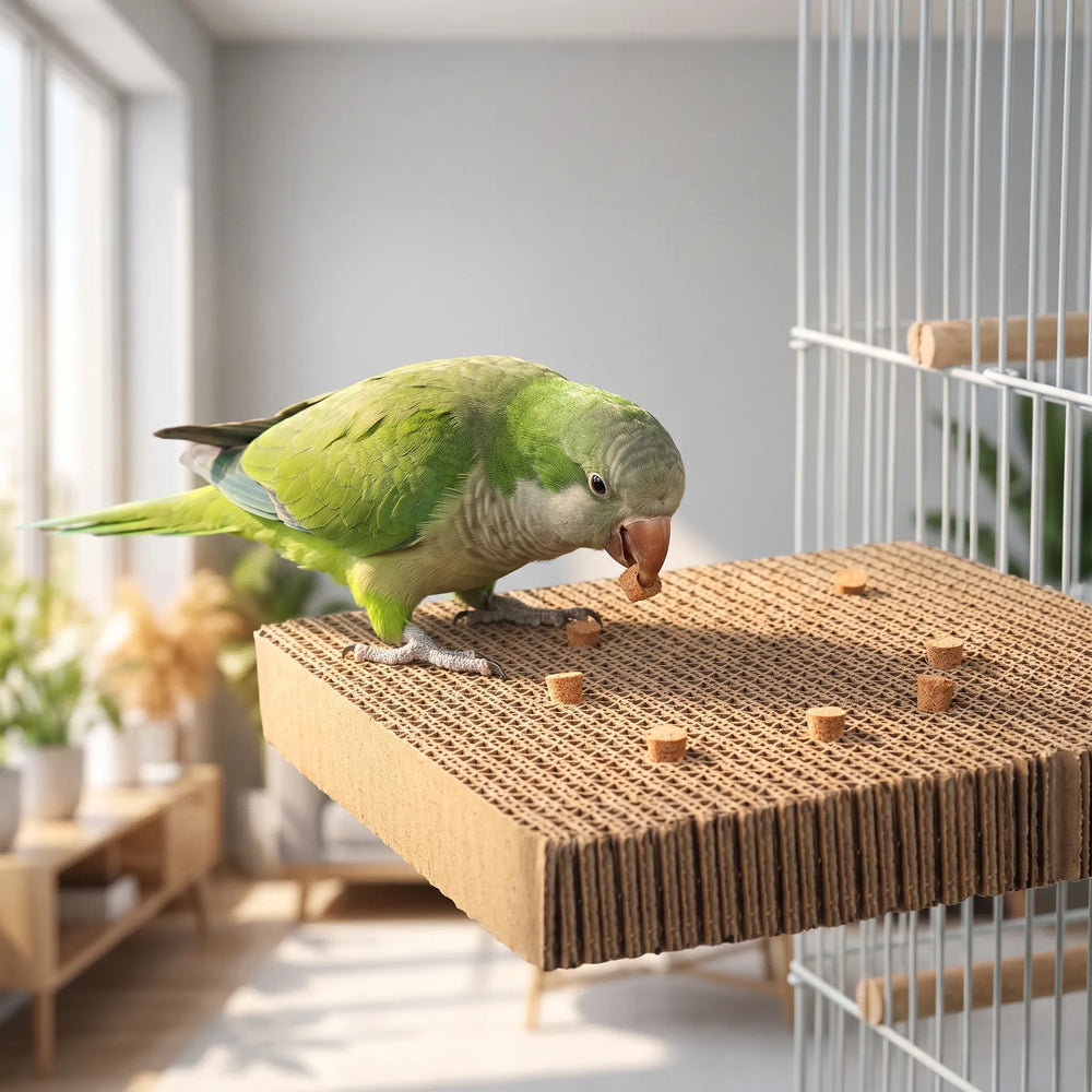 Green quaker parrot standing on the cardboard platform mounted inside a wire cage, nibbling a cork piece in a sunny room. 2