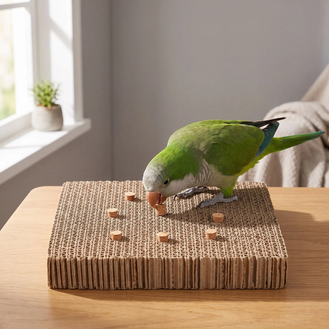Green parrot chewing a cork piece on the cardboard platform, which sits on a wooden table beside a sunny window. 3