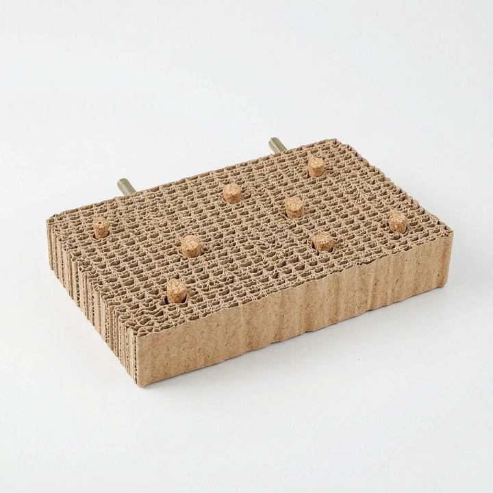 Rectangular cardboard platform with cork pieces in the honeycomb top and two mounting bolts at the back. 8