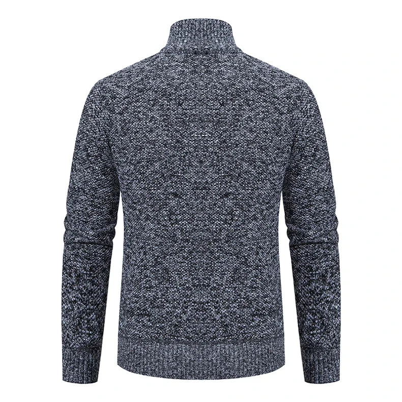 Back view of the dark gray heathered knit cardigan with ribbed collar, cuffs and hem 11