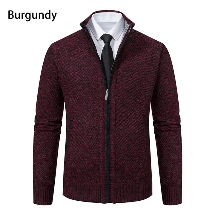 Burgundy knit zip cardigan from the front, with a black zipper and ribbed cuffs 17