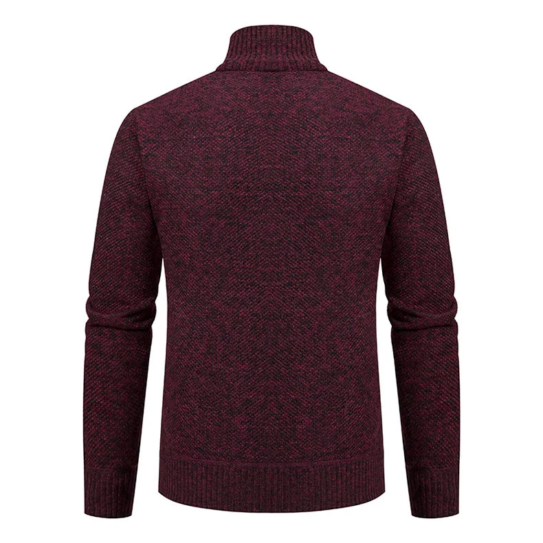 Back view of the burgundy knit cardigan, with ribbed collar, cuffs and hem 19