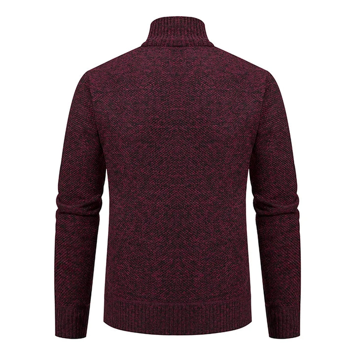 Back view of the burgundy knit cardigan, with ribbed collar, cuffs and hem 19