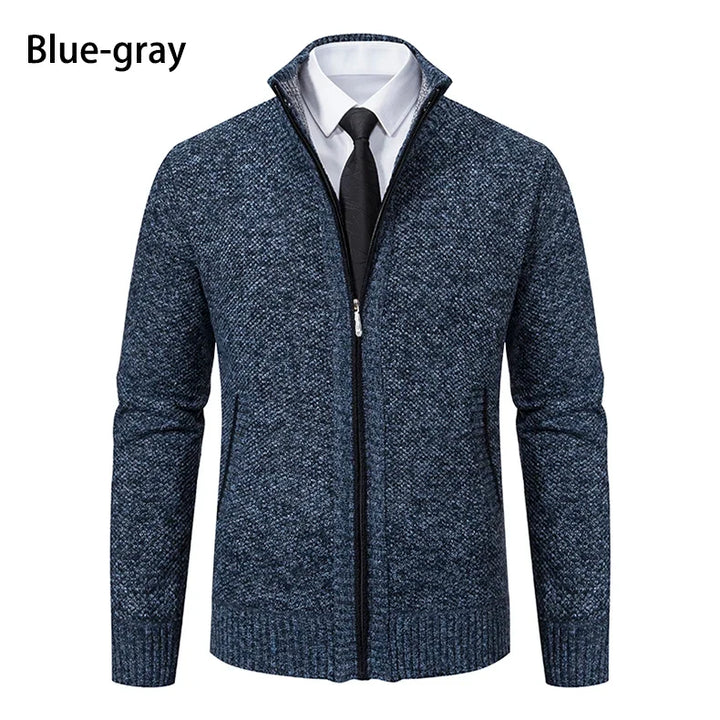 Blue-gray heathered knit zip cardigan from the front, worn over a white shirt and dark tie 20