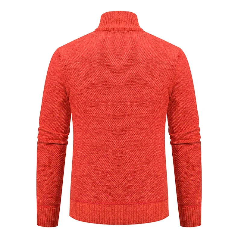 Back view of the orange textured knit cardigan with ribbed collar, cuffs and hem 24