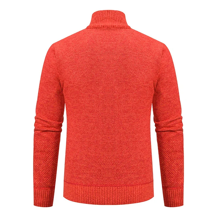 Back view of the orange textured knit cardigan with ribbed collar, cuffs and hem 24