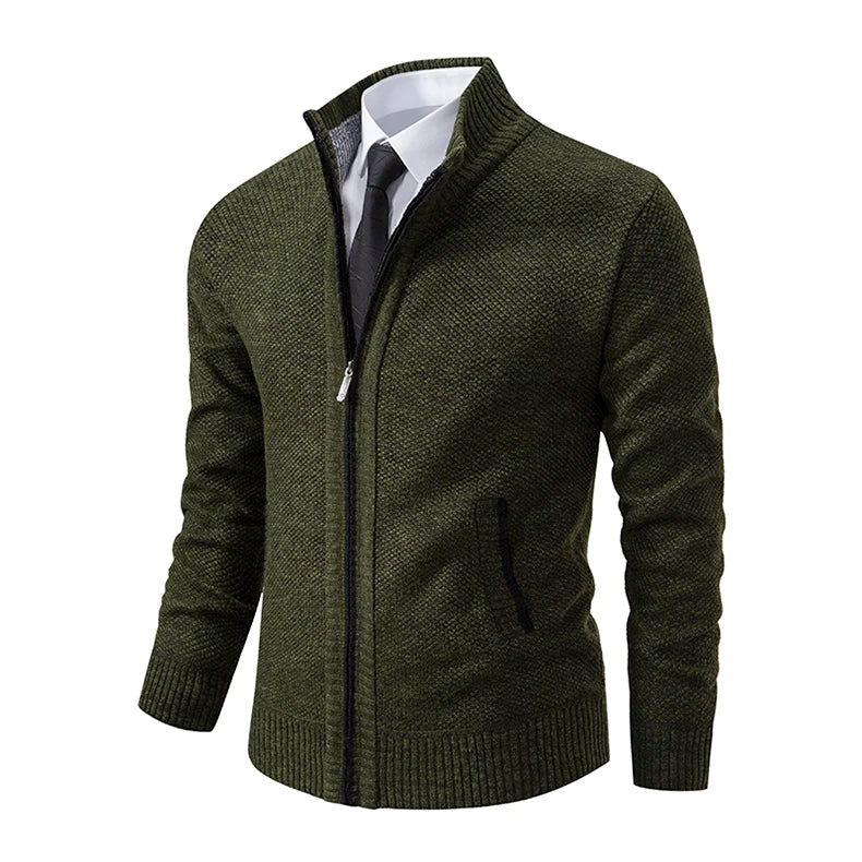 Angled view of the army green cardigan, showing the metal zipper, stand collar and side pocket 29