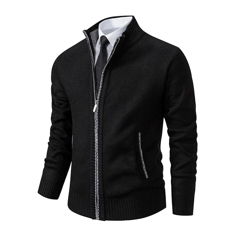 Angled view of the black knit zip cardigan with gray contrast trim along the zipper and pockets 31