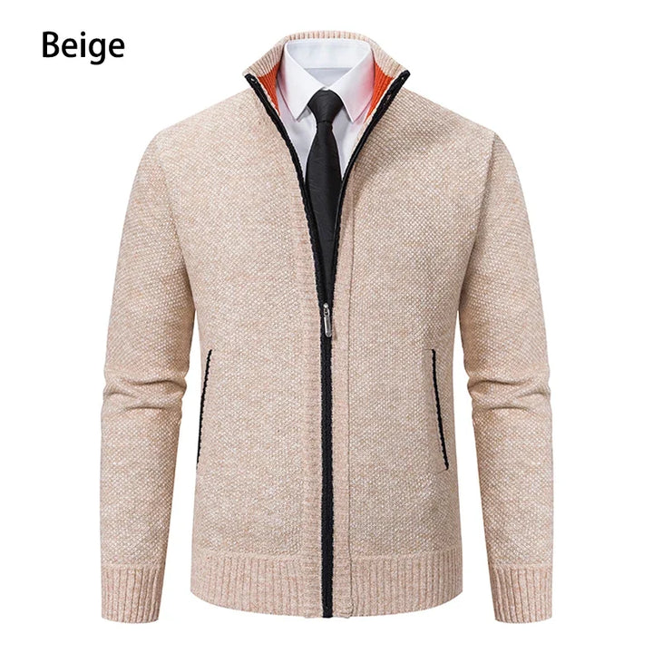 Beige knit zip cardigan seen straight from the front, with an orange collar lining and black trim 7