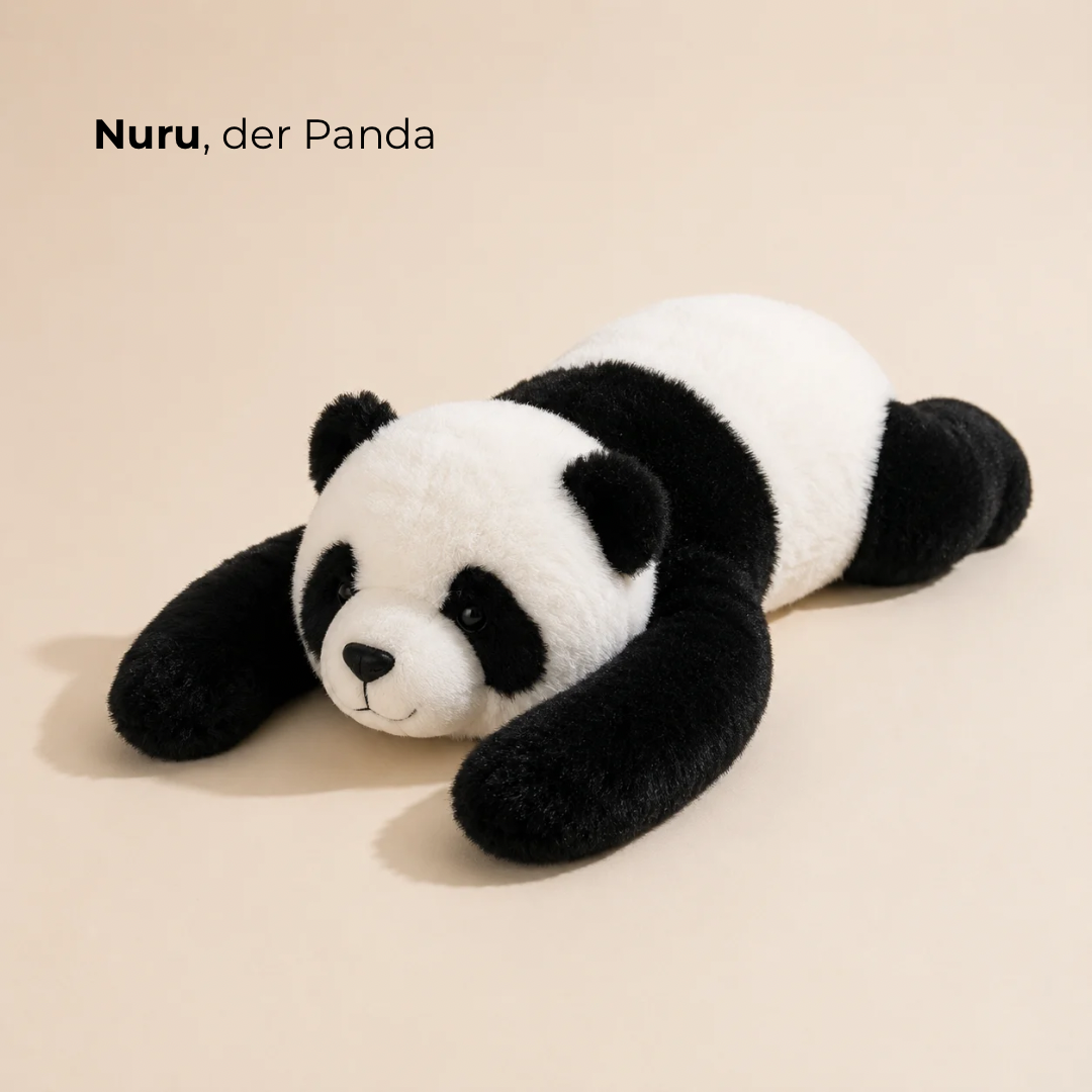 Black and white panda plush lying flat with long black arms stretched out on a soft beige surface. 3