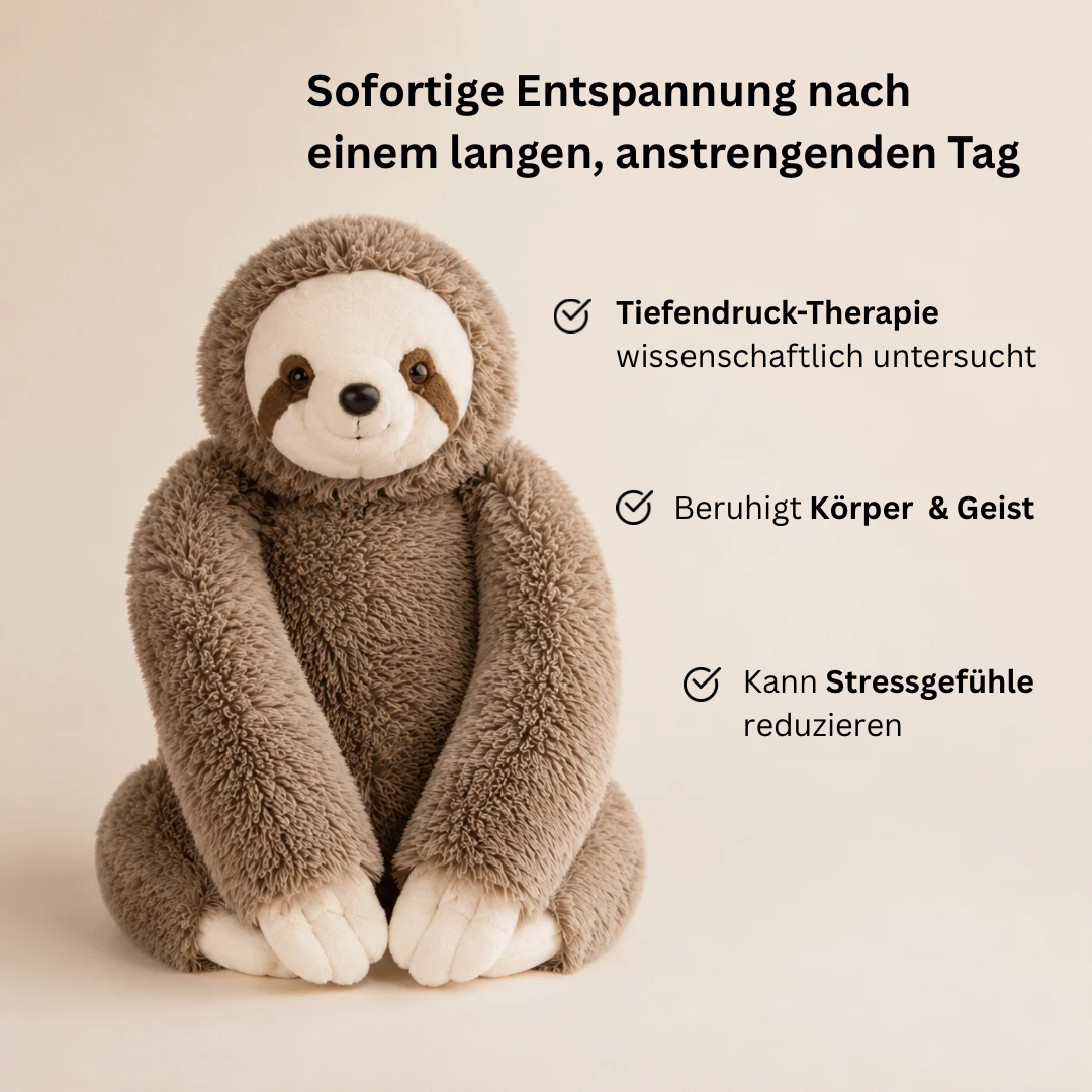 Brown sloth plush sitting upright with long arms hanging down and cream paws resting together in front.