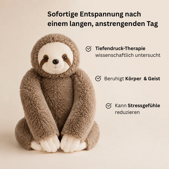 Brown sloth plush sitting upright with long arms hanging down and cream paws resting together in front.