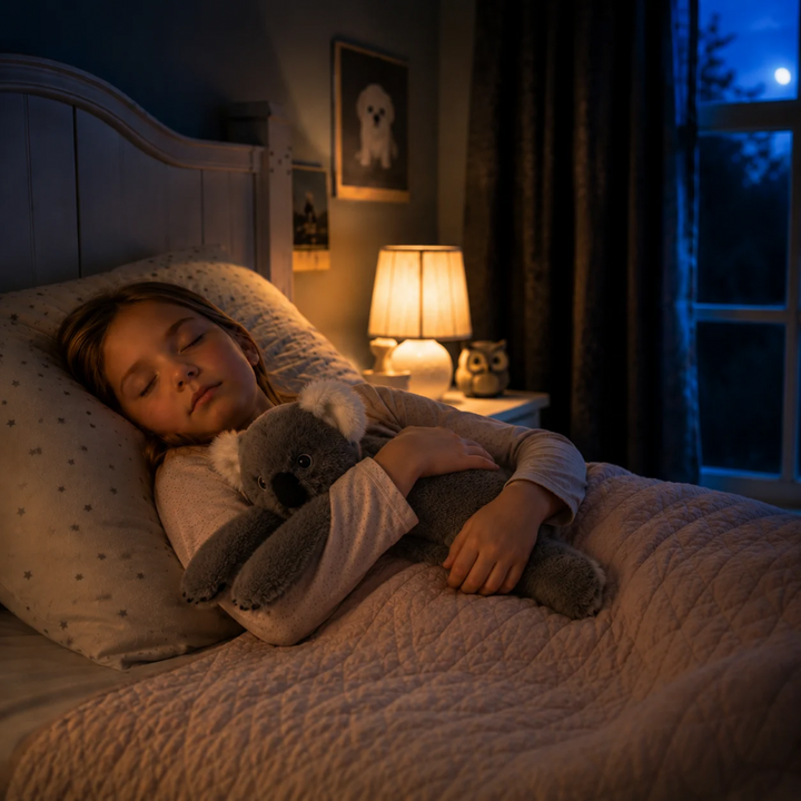 Girl sleeping in a dimly lit bedroom at night, cuddling the gray koala plush under a quilted blanket. 10