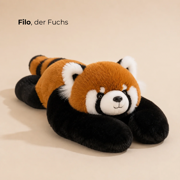 Red panda plush with rust-orange fur, a striped tail and long black arms lying flat on a beige background. 5