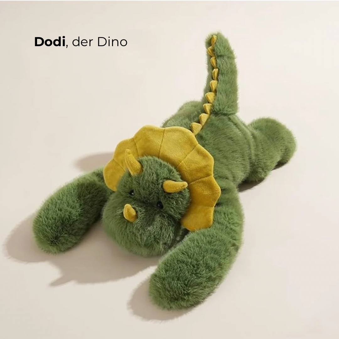 Green dinosaur plush with a yellow frill, small yellow horns and a spiked tail lying on its belly. 4