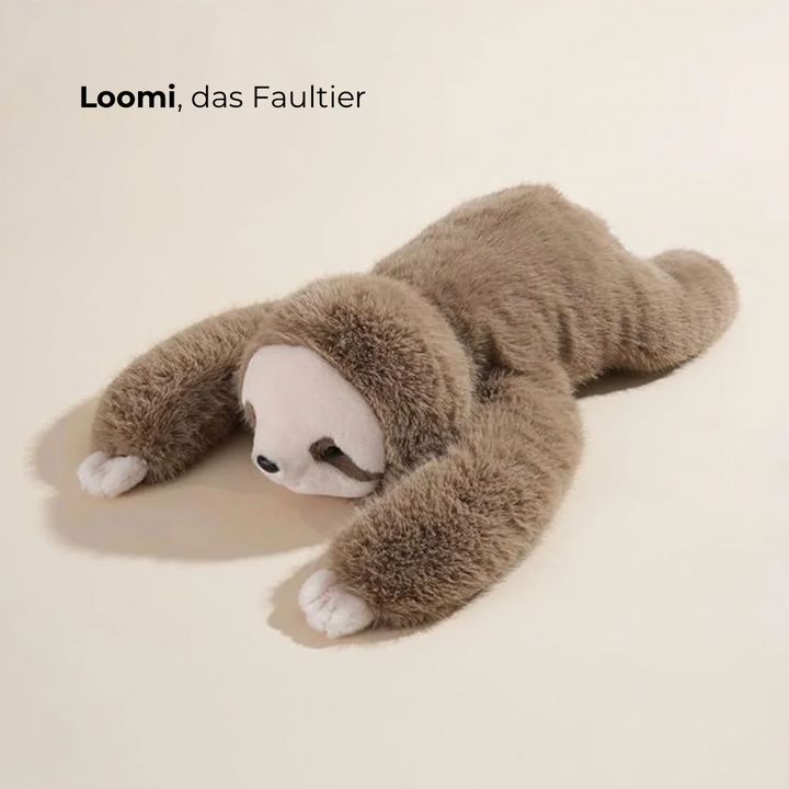 Brown sloth plush with a cream face and white paws lying stretched out flat on a beige background.
