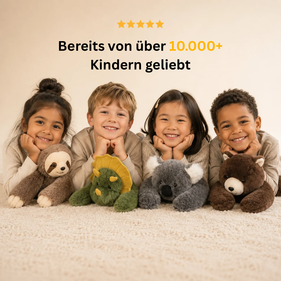 Four smiling children lying on a cream carpet, each with a plush: sloth, green dinosaur, gray koala and brown bear. 11