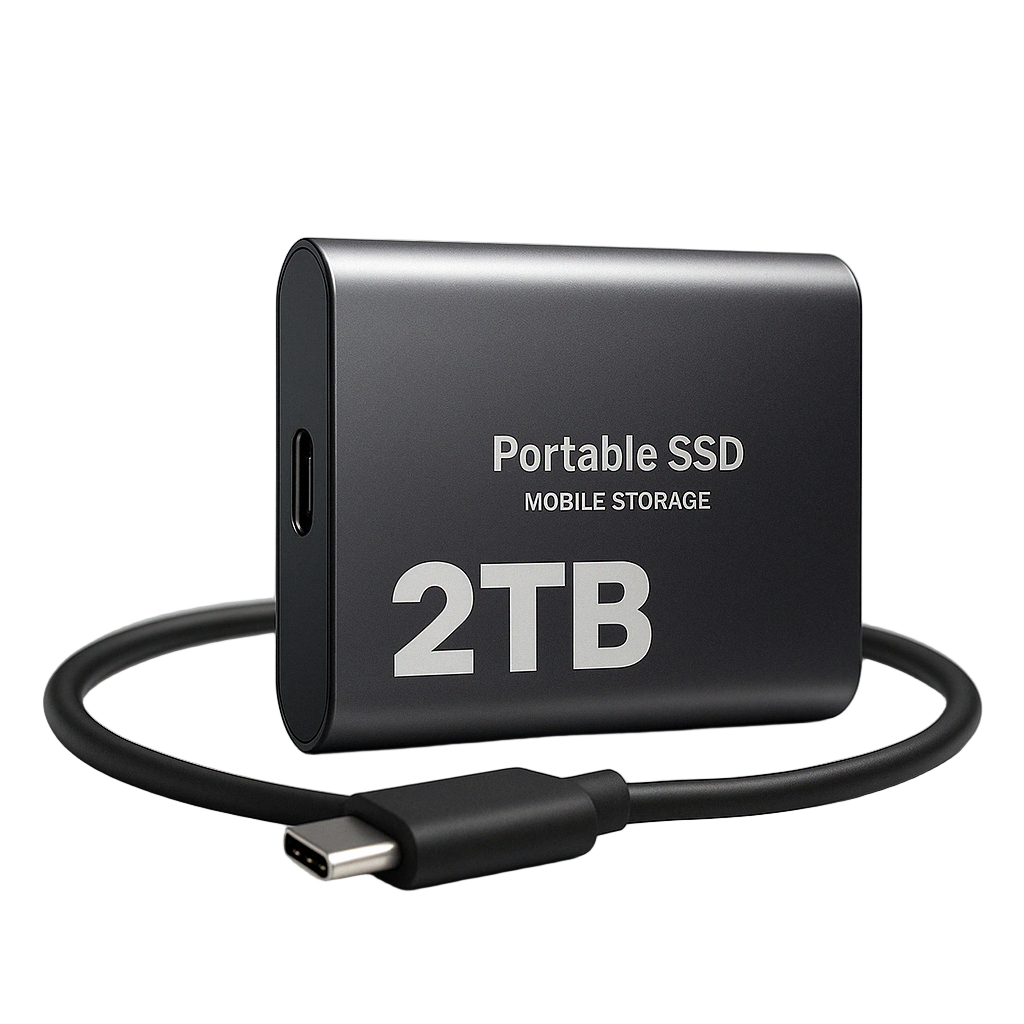 Dark gray metal portable SSD with its black USB-C cable looped around the front, on white 1