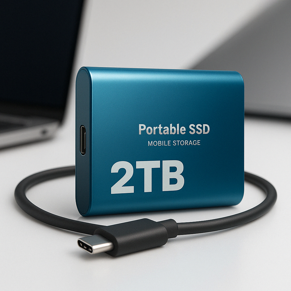 Blue metal portable drive with coiled black USB-C cable, set on a desk in front of a laptop 2