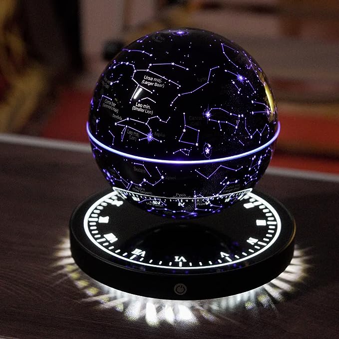 Purple-lit floating globe seen slightly from above, hovering over the black base with its Roman numeral ring and white underglow.