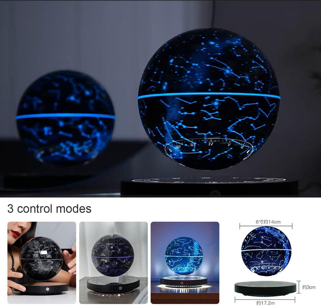 Collage of the blue glowing globe in a dark room with control mode shots and a diagram showing the globe and base dimensions.