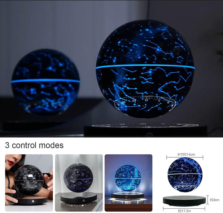 Collage of the blue glowing globe in a dark room with control mode shots and a diagram showing the globe and base dimensions.