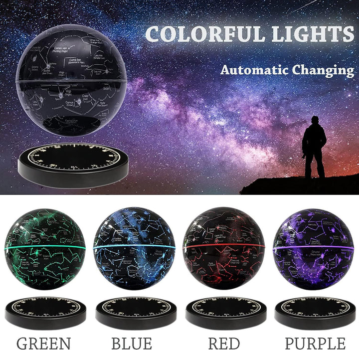 Globe with an automatic color-changing light shown in green, blue, red and purple above a stargazing silhouette.