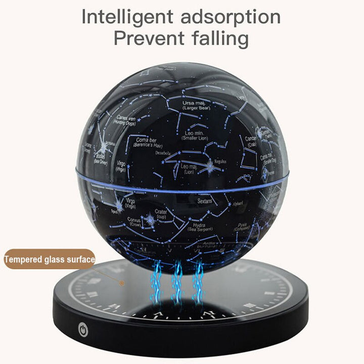 Blue-lit globe above the base with blue magnetic waves beneath it and a label pointing to the tempered glass top of the base.