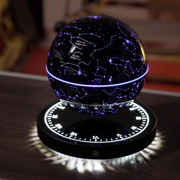 Floating globe with purple glowing constellations and a purple equator ring above a black clock-face base.