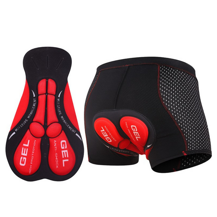 Red gel-padded cycling undershorts with red stitching and a mesh side panel