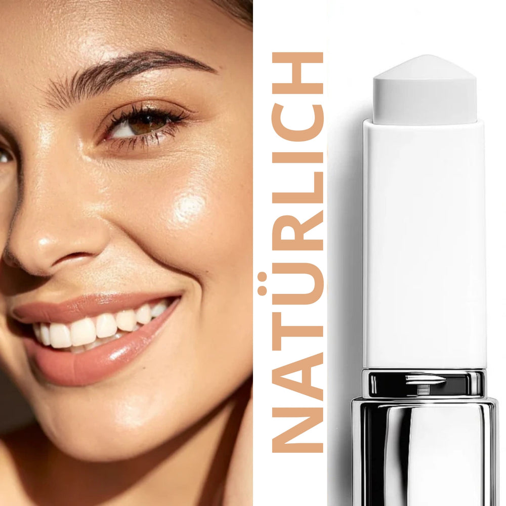 Color-Adjusting 2-in-1 Foundation white stick with silver base beside a smiling woman with an even complexion.