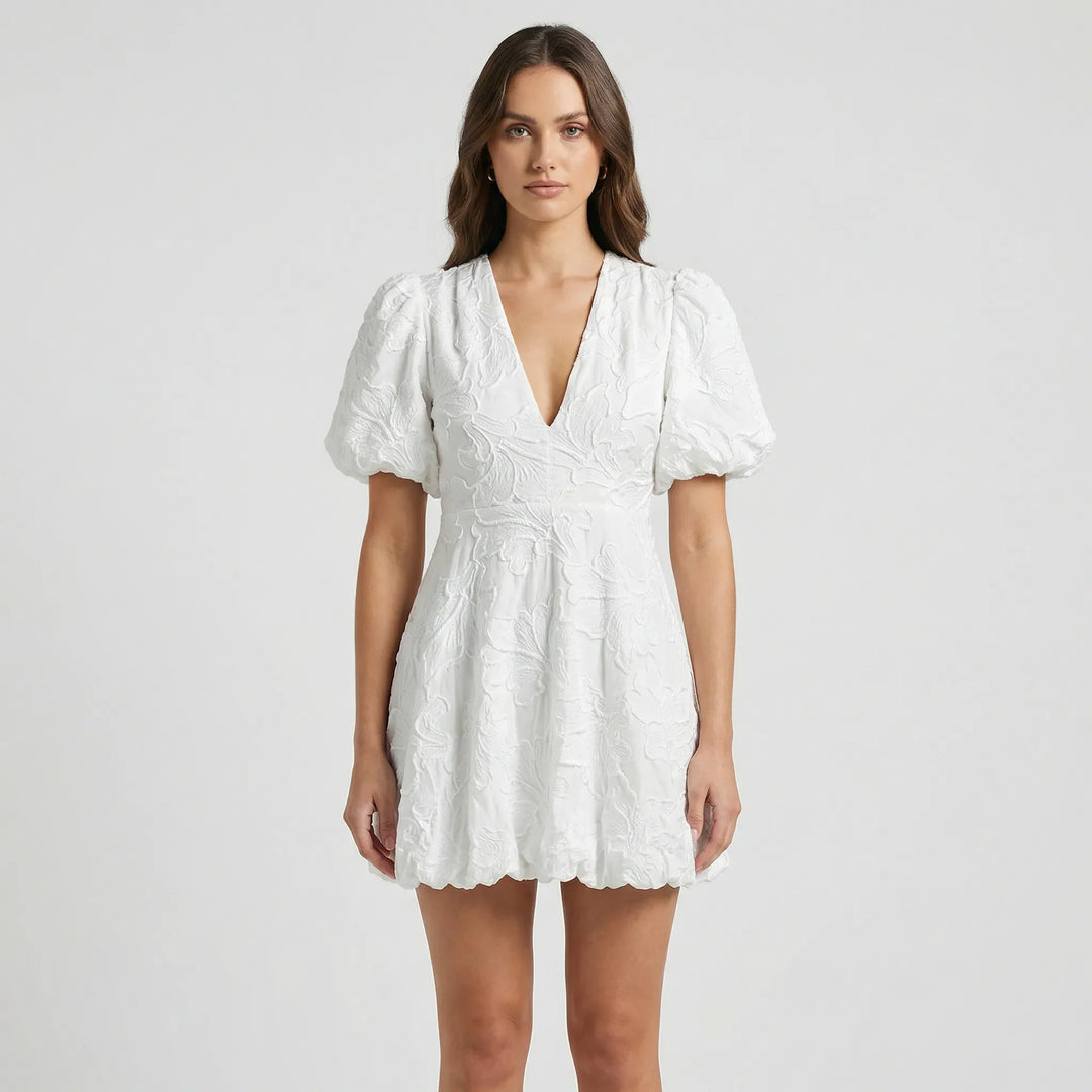 White Mini Dress - Floral Texture - V-Neck