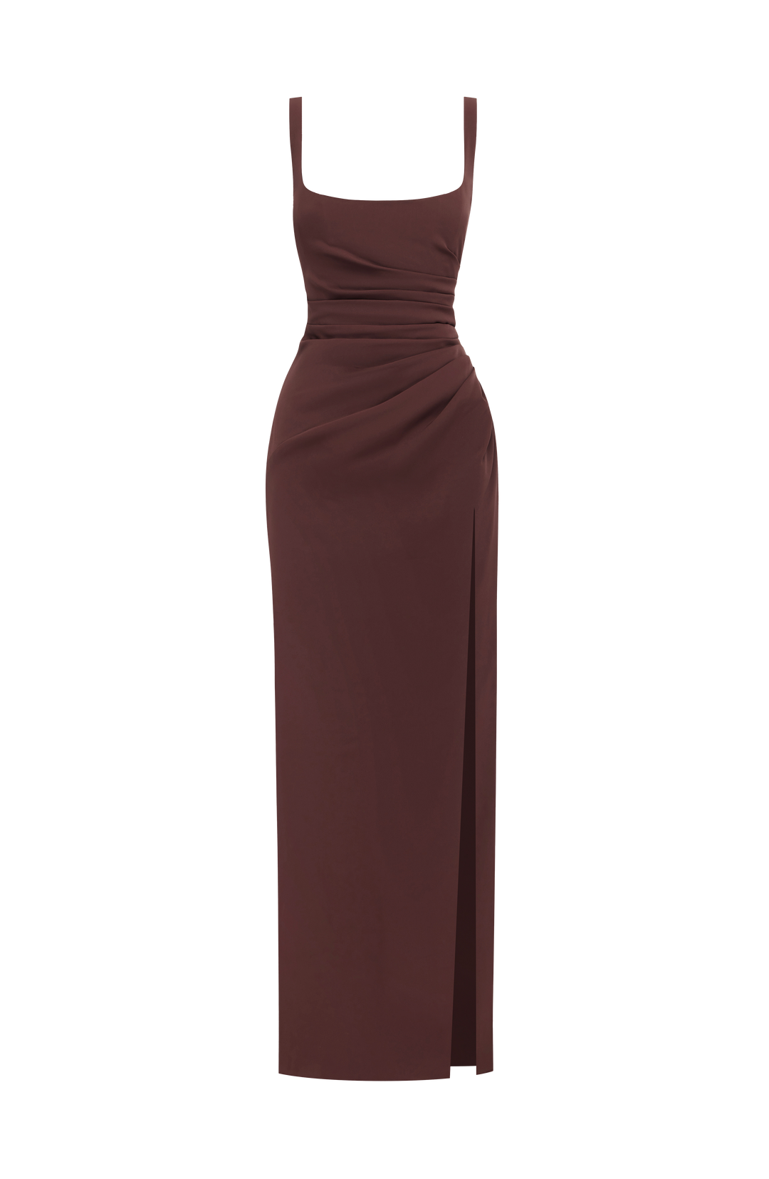 Brown Camille Maxi Dress flat lay front view with square neckline, ruching and side slit.