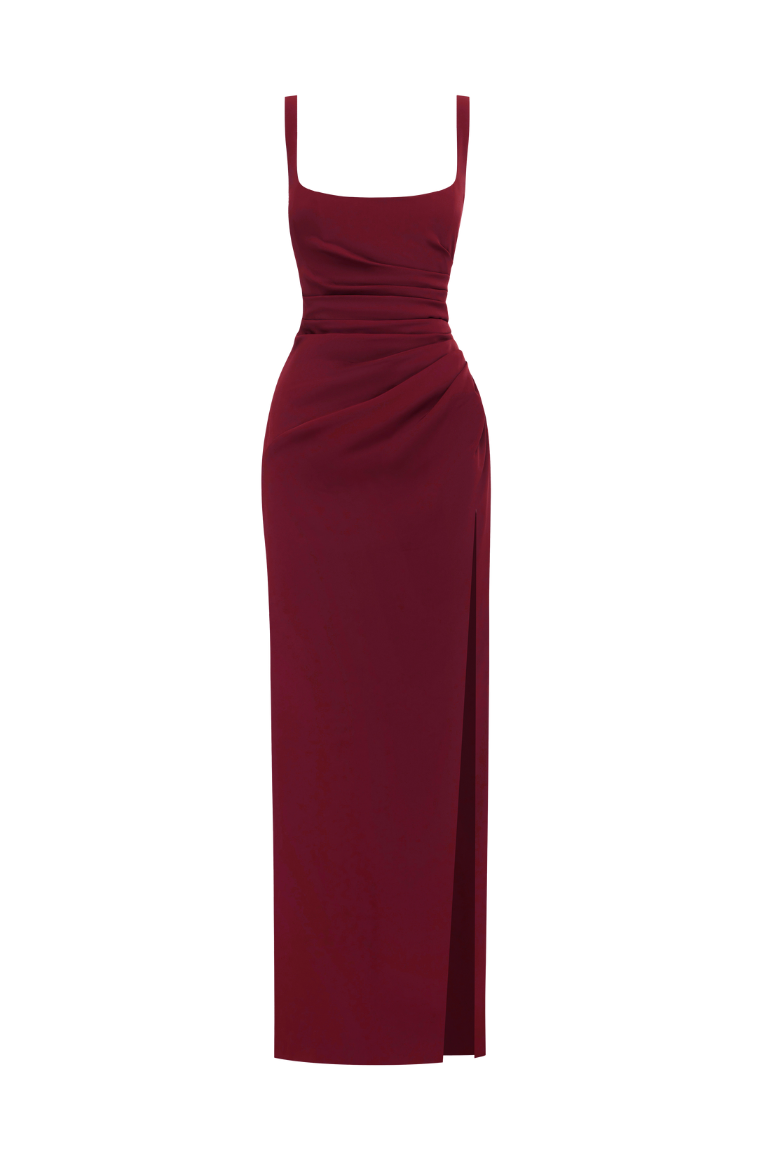 Burgundy gown shown alone on a white background, with square neckline, wide straps, ruched waist and a high slit on the right. 23