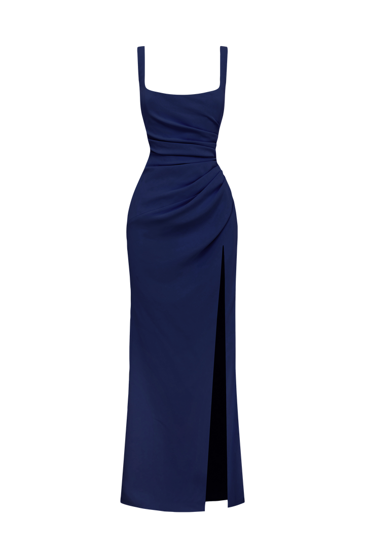 Navy Camille Maxi Dress flat lay front view with ruched waist and side slit.