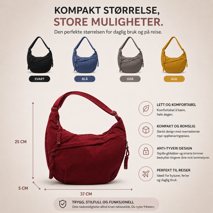 Size and color overview graphic showing a red shoulder bag with its dimensions and black, blue, gray and yellow versions.
