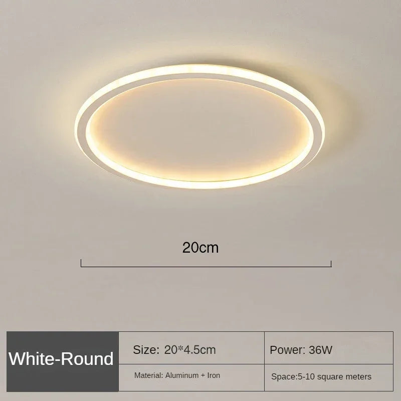 White round ceiling light with a glowing ring, shown with a size diagram and specification table 7