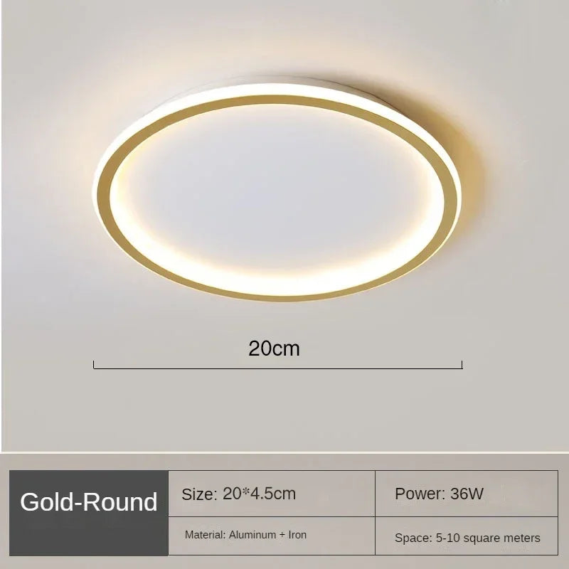Gold-framed round ceiling light with a glowing ring, shown with a size diagram and specification table 8