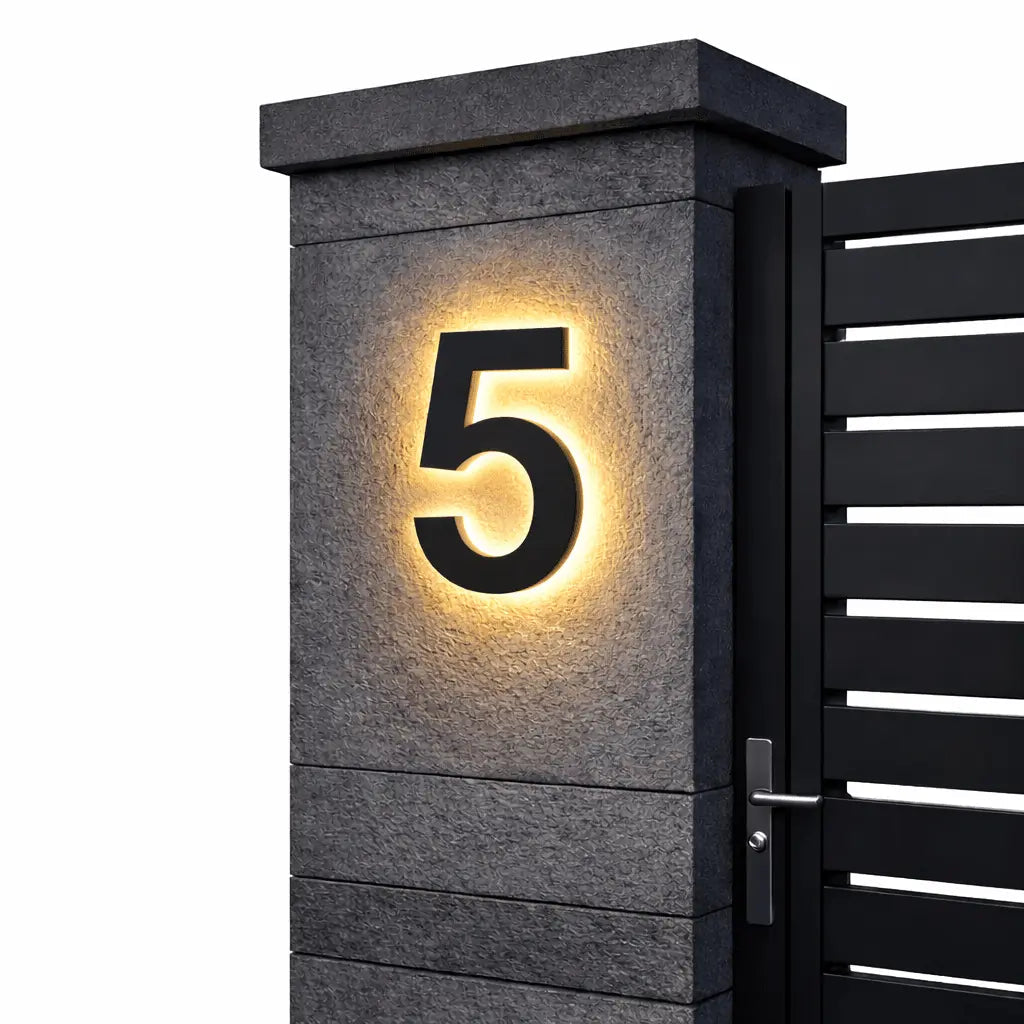 Black backlit LED house number sign glowing warm yellow on a dark textured pillar beside a slatted gate.