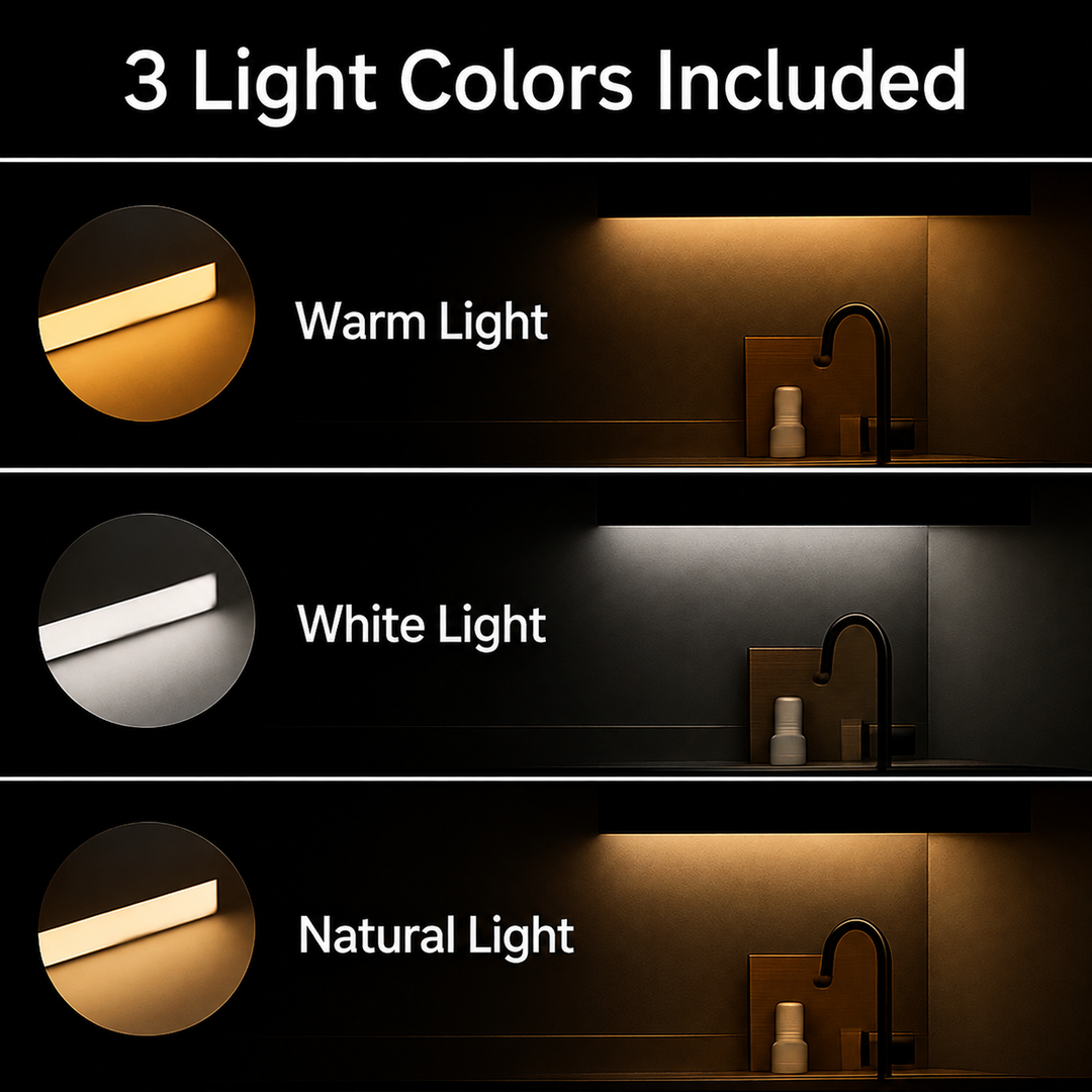 LED Under-Cabinet Light with Motion Sensor, Magnetic, No Drilling lighting a kitchen counter in warm, white and natural light.