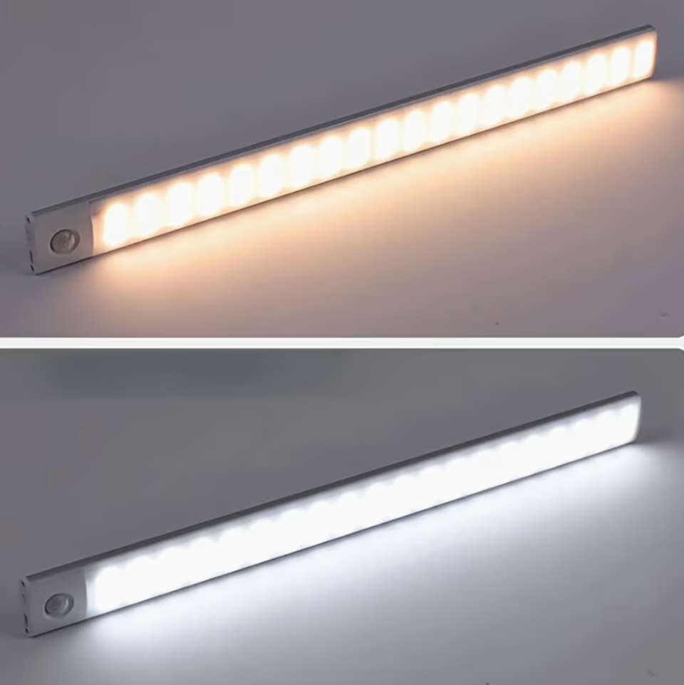 LED Under-Cabinet Light with Motion Sensor, Magnetic, No Drilling in two views with the motion sensor at the left end.
