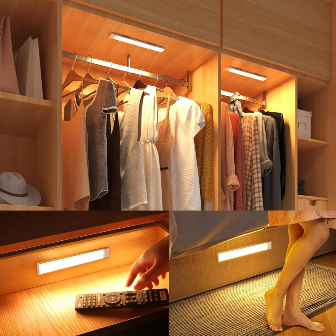 LED Under-Cabinet Light with Motion Sensor, Magnetic, No Drilling shown under a closet, in a drawer and under a bed.