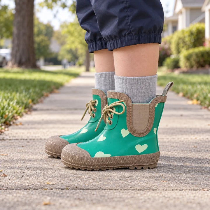 Child standing on a neighborhood sidewalk in green heart-print rain boots with brown toe caps, laces and gray socks, drops of water on the rubber. 1