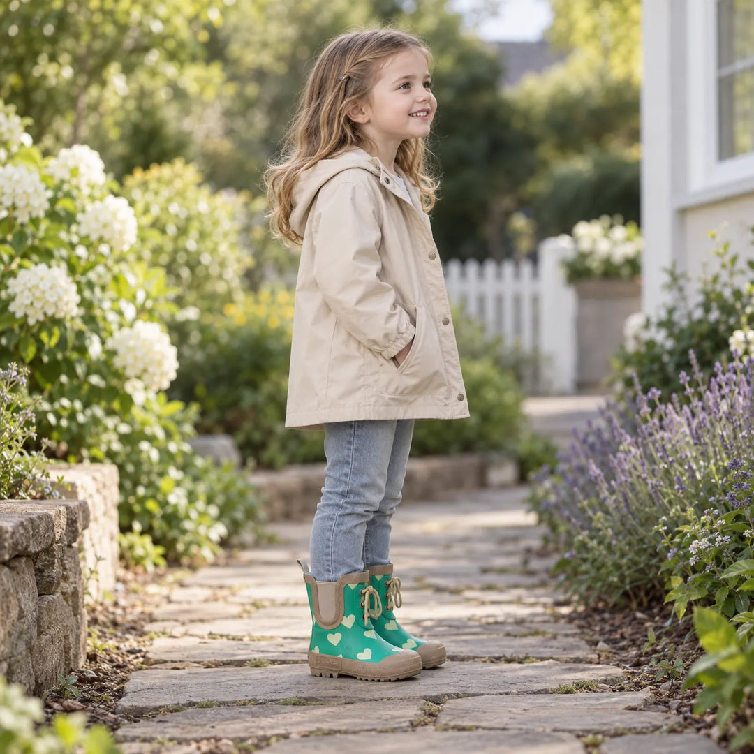 Smiling girl in a beige hooded jacket and jeans wearing the green heart-print boots on a stone garden path beside flowers. 3