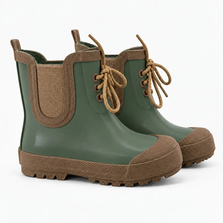 Pair of muted olive green rain boots with brown toe caps, elastic side panels, tan laces and chunky treaded soles on white. 9